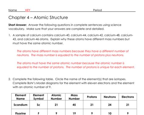 Answer Key For Atomic Structure Worksheet