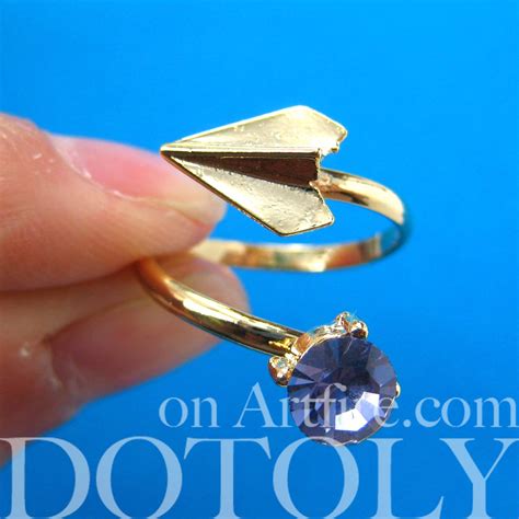 Adjustable Paper Airplane Origami Ring In Gold With Rhinestone Detail