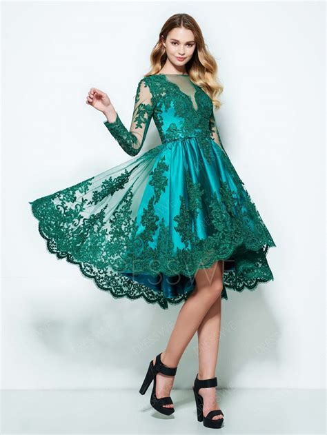 vintage turquoise long sleeve lace applique high low knee length homecoming dress in prom