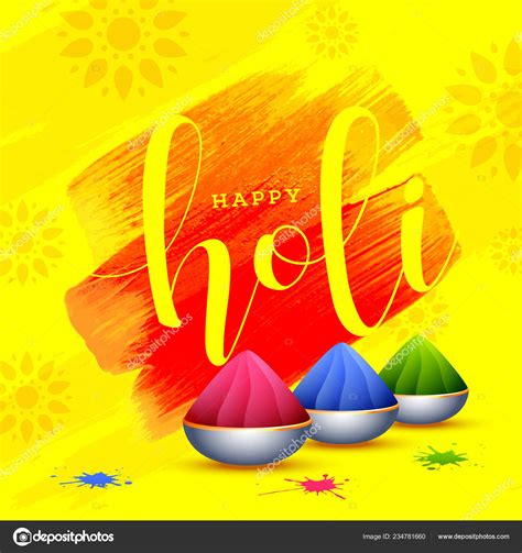Happy Holi Poster Design Bowls Full Dry Colours Yellow Texture Stock