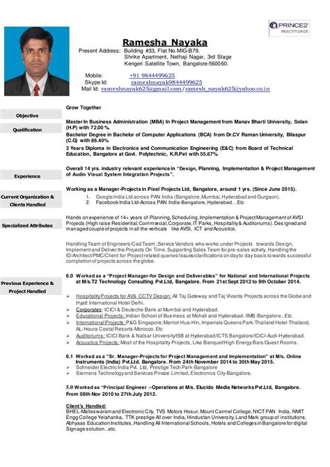 Cv Of Ramesh Nayak For Project Managersnrproject Manager Position