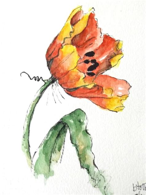 Tulip Flower Original Art Watercolor Painting Pen And Ink Etsy