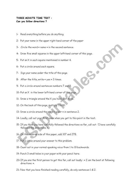 English Worksheets Can You Follow Directions