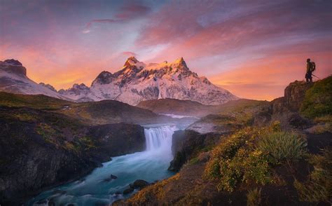 Sunrise Mountain River Waterfall Torres Del Paine Chile Snowy