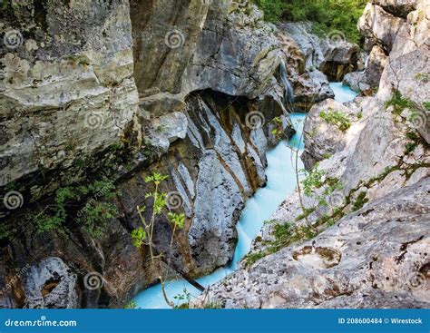 Beautiful Turquoise Stream In Gorge Soca River Bovec Slovenia Stock