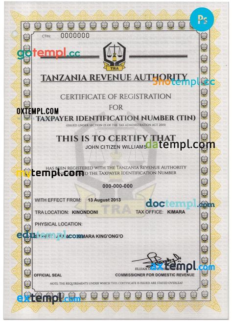 Tanzania Taxpayer Identification Number Tin Registration Certificate
