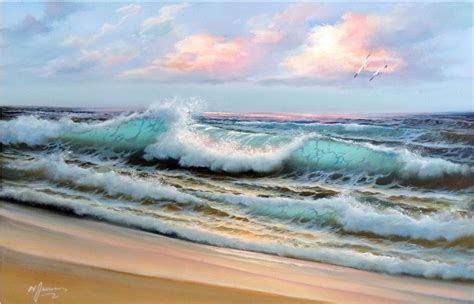 Oil Painting Ocean Waves Sea Surf Waves Beach Ocean Pink Sunset 60cmx90cm Oil Painting