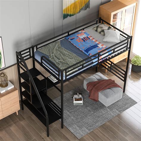 Buy Softsea Twin Metal Loft Bed With Stairs And Desk Industrial Style