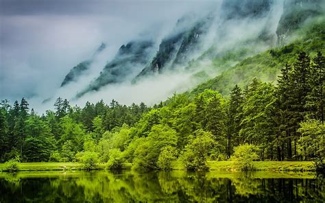 Nature Landscape Green Lake Mist Forest Mountains Water Spring