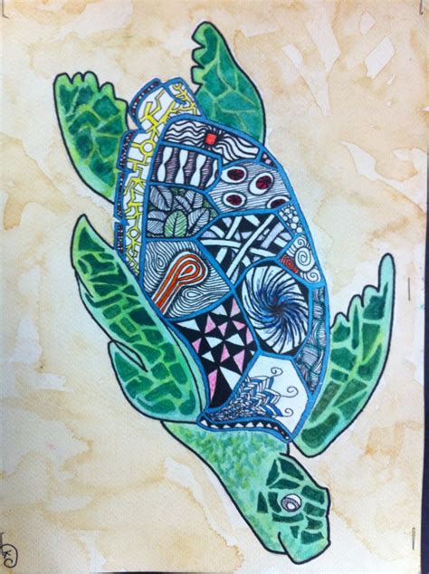 Mixed Media Zentangle Sea Turtle By 8th Grader Kyleigh L Kleuren