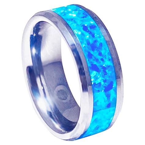 Blue Opal Inlay Tungsten Steel Mens Band Genuine Opal Ring Wide