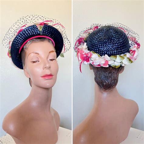 vintage 1950s hat 50s straw flower hat navy blue … gem