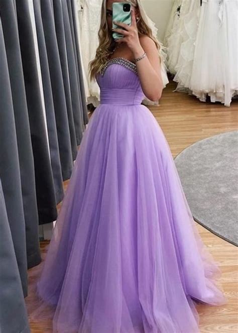 Beaded Sweetheart Long Prom Dress Tulle Lavender Formal Dresses By