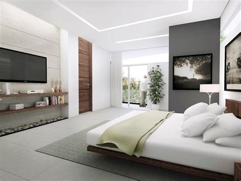 A Modern Bedroom With White And Gray Walls Large Bed Flat Screen Tv