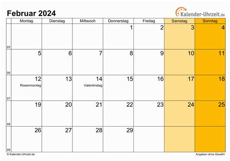 Februar 2024 Kalender Mit Feiertagen