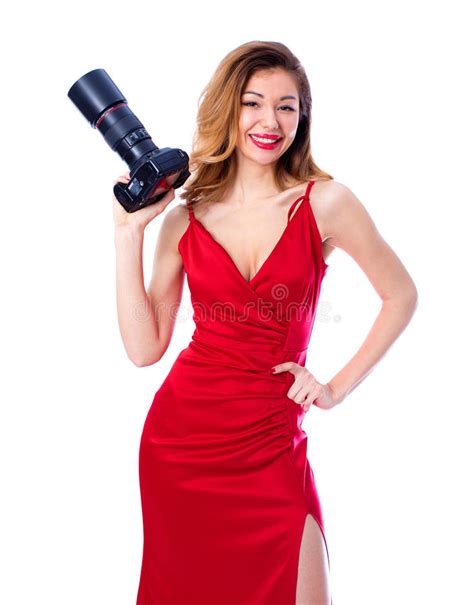 Happy Photographer Woman Holding Camera Isolated On White Background