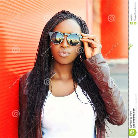 Fashion Portrait Young African Woman In Black Sunglasses At City Over