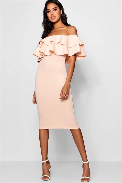 Bardot Layered Frill Detail Midi Dress Boohoo Uk In 2020 Pink Midi