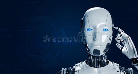 3d Rendering Of Humanoid Robot Cyborg Think Or Compute On Blue Cyber