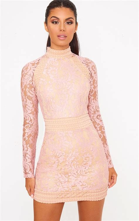 Dusty Pink Lace High Neck Bodycon Dress Lace Dress With Sleeves Pink