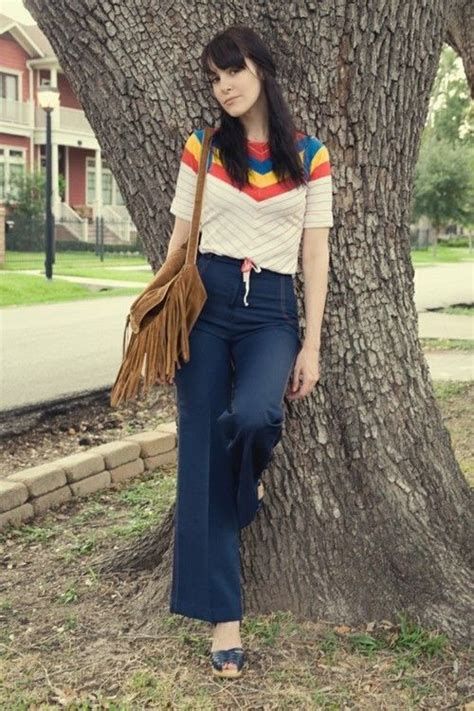 70s Style Fringe Rainbow Sweater And Trouser Style Jeans 70s