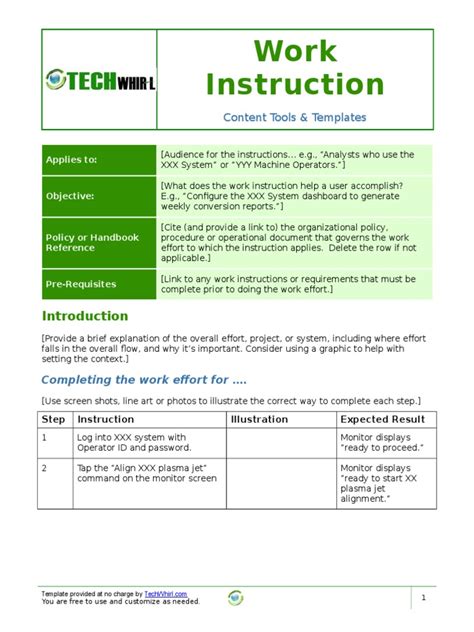 Template Work Instruction Job Aid