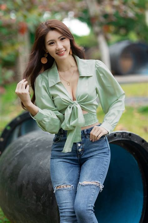 hd wallpaper asian model women long hair dark hair blouse jeans leaning wallpaper flare