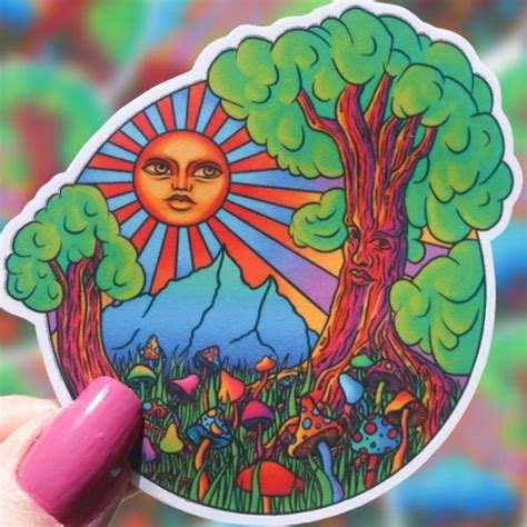 Trippy Mushroom Sun Tree Vinyl Sticker Psychedelic Vinyl Etsy