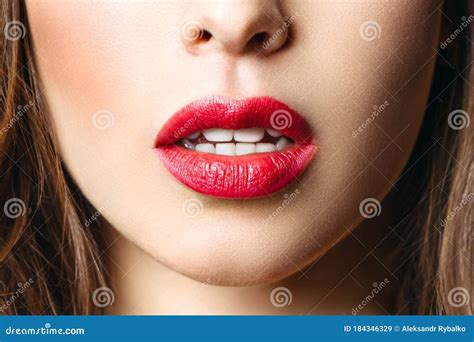 Sensual Red Lip Mouth Open Beautiful Woman Portrait Close Up Big