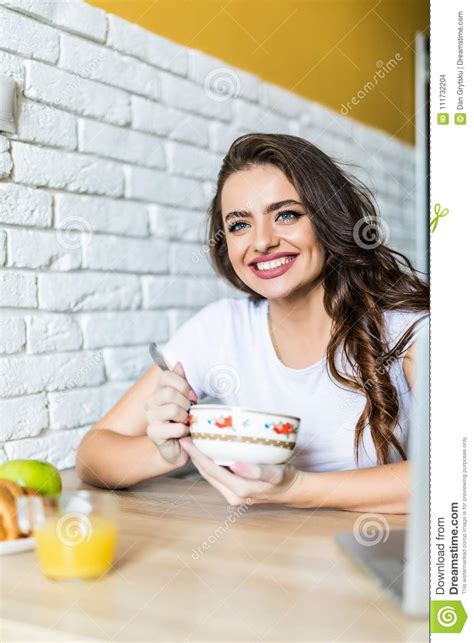 Happy Woman Having Healthy Breakfast In The Kitchen Healthy Food Stock