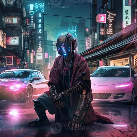 Samouraï Dans Le Futur Dans 2050 Néo Tokyo Scène Cyberpunk Portrait