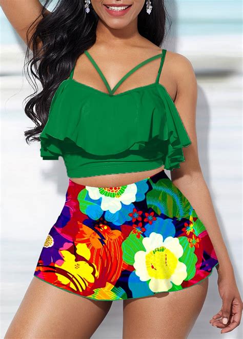 Rotita Flower Print High Waist Ruffle Hem Bikini Set Usd