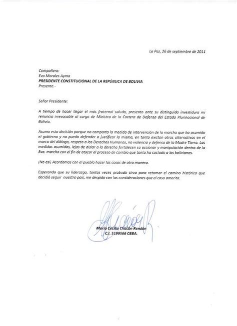 Carta De Renuncia De La Ministra Maria Cecilia Chacon Bolivia Decide