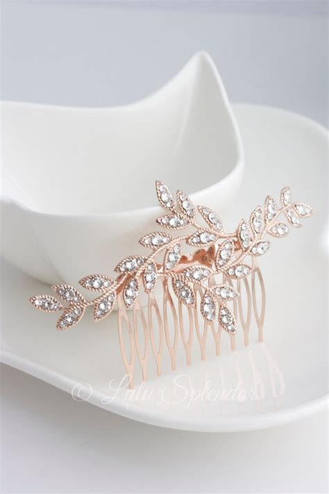 Rose Gold Leaf Bridal Hair Comb Rhinestone Crystal Leaves
