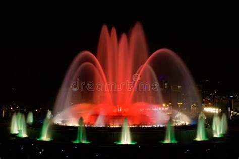 The Colorful Water Show Of Magic Fountain Of Montjuic With Light And Music In Barcelona Stock