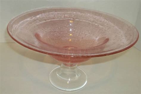 Shabby Pink Bowl Compote Hand Blown Seeded Glass Centerpiece Glass