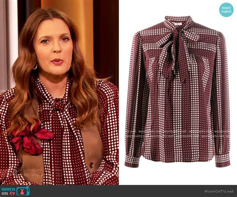 Wornontv Drews Red Dotted Tie Neck Blouse On The Drew Barrymore Show