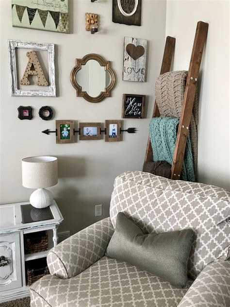 Blanket ladder. Gallery wall. Farmhouse decor. Wood sign sayings. | Living room corner decor ...