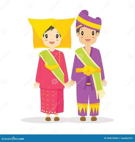 Cute Couple Wearing Padang Traditional Dress Vector Stock Illustration