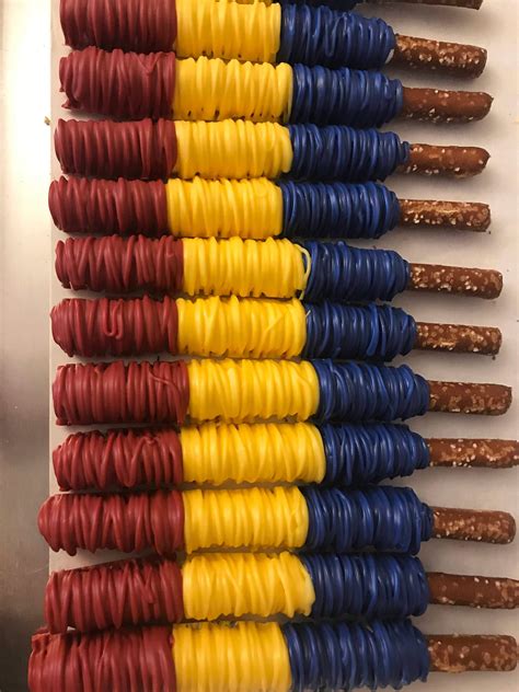 Colorful Drizzled Chocolate Dipped Pretzels Red Yellow And Blue