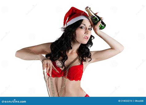De Sexy Kerstman In Rode Lingerie Stock Foto Image Of Champagne Hoed