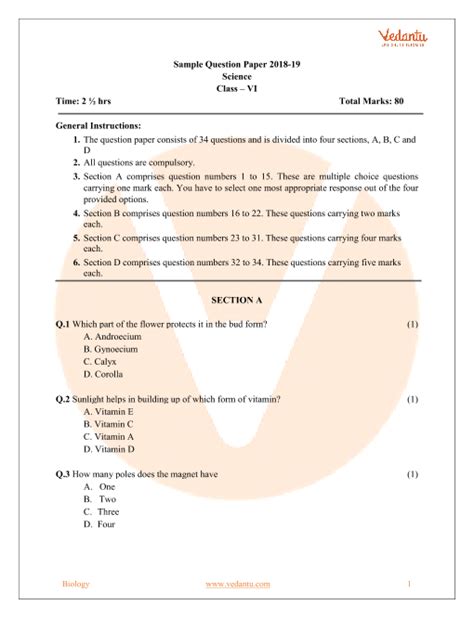 Cbse Sample Paper For Class 6 Science With Solutions Mock Paper 1
