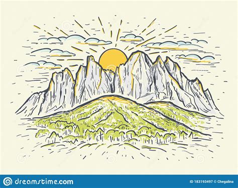 Hand Drawn Color Sketch Vector Illustration With A Mountains, Cliff And 