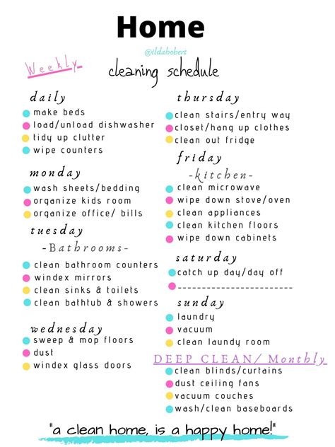 Home Cleaning Schedule Daily Weekly Monthly Weekly Cleaning Schedule