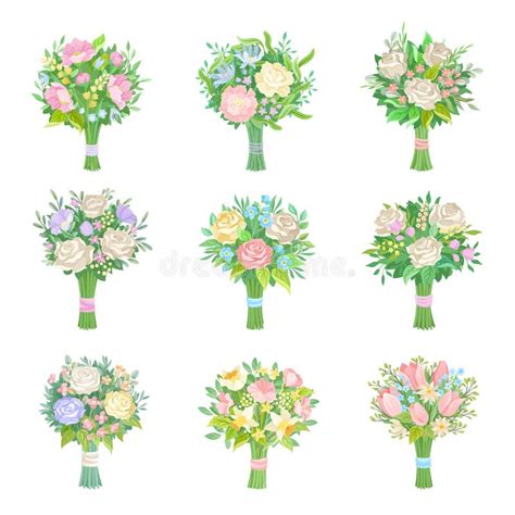 Wedding Bunches Of Flowers Vector Illustrated Set Stock Vector