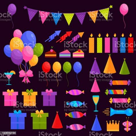 Happy Birthday Party Elements Collection With Balloons Candies Cake And