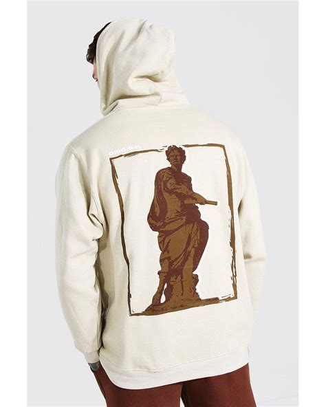 Boohooman Cotton Oversized Statue Back Print Hoodie In Beige Natural
