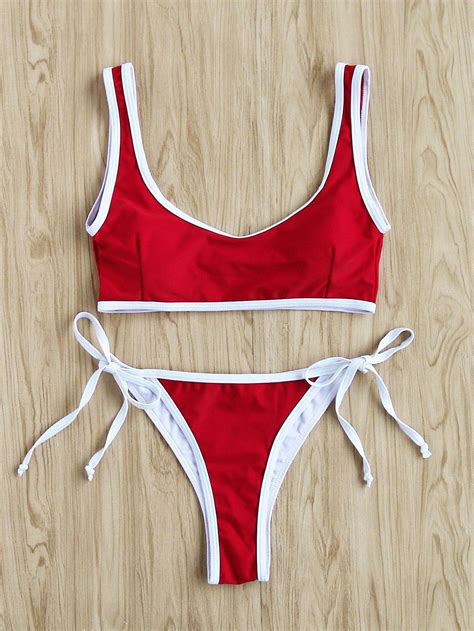 red contrast trim side tie high leg bikini set bikinis tie bikini set girls swimwear bikini