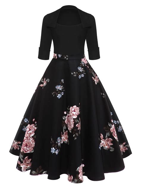 Gamiss Audrey Hepburn Vintage Party Dress Women Floral Flare Midi