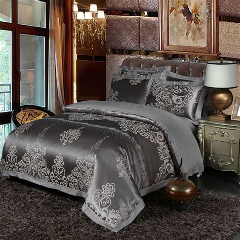 New Queen King Size Bedding Sets Luxury Silk Satin Bed Set Bed Sheet Set Silver Golden Jacquard